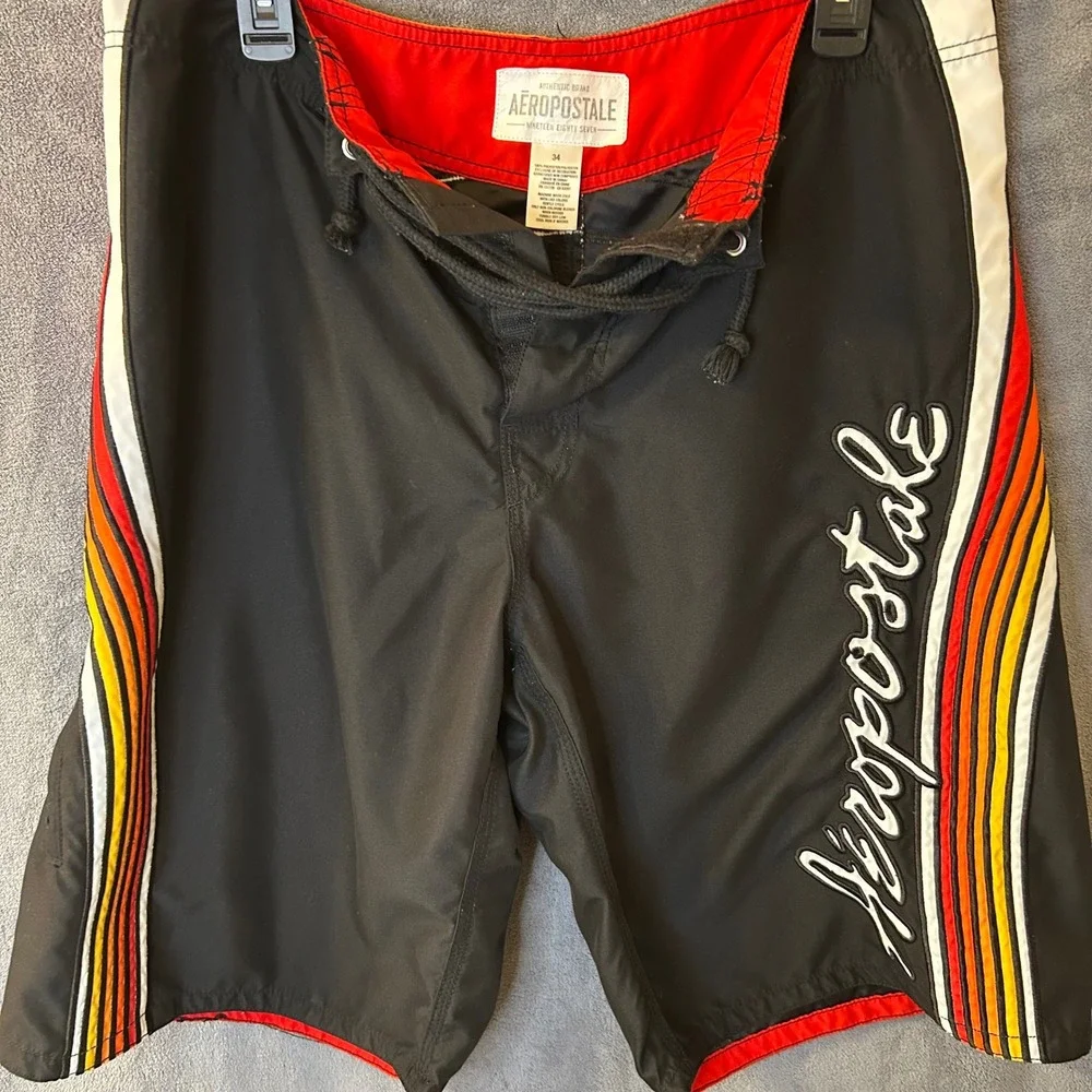 Aeropostale Mens 34W Board Shorts Sunset Stripe Black Retro Swim Trunks